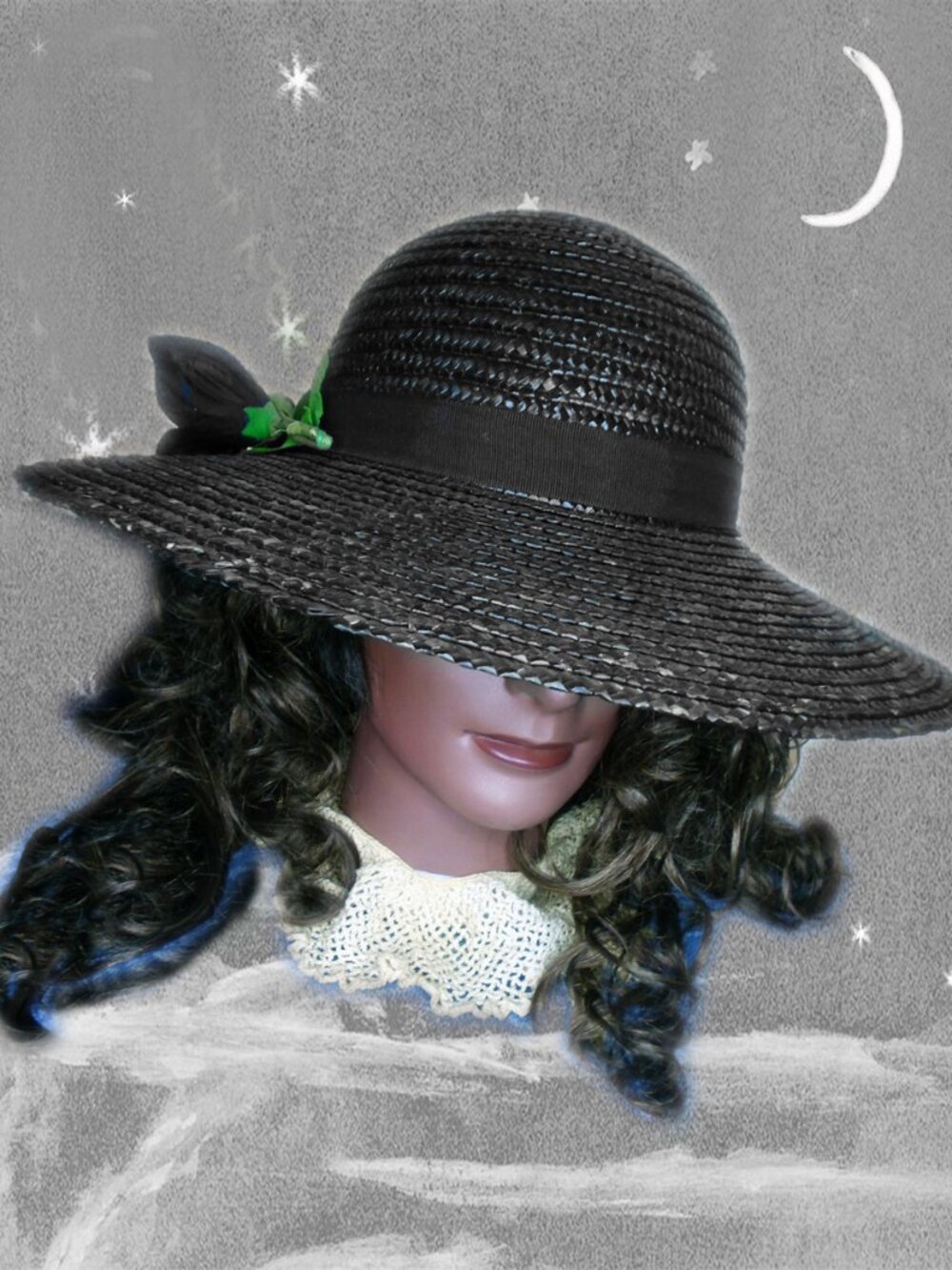Black Straw Hat Wide Brim Fancy Dressy Vintage Spring Summer Headwear